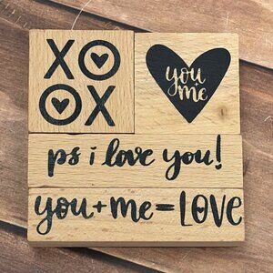 UNBRANDED WOOD MOUNTED RUBBER STAMP SET OF 4 LOVE THEME VALENTINE HEART YOU & ME